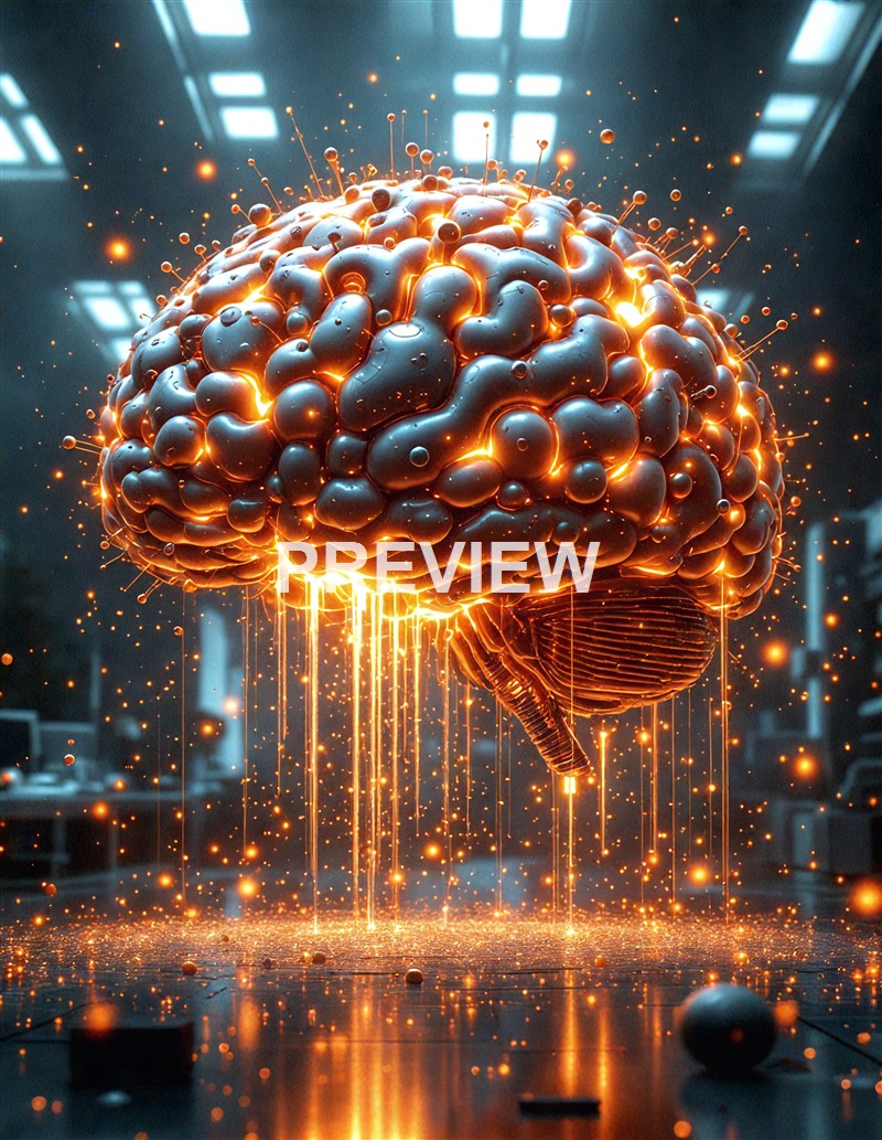 A highly detailed, glowing, metallic-looking brain with fiery orange accents, suspended in a futuristic, illuminated environment, with sparks and light trails emanating from it.